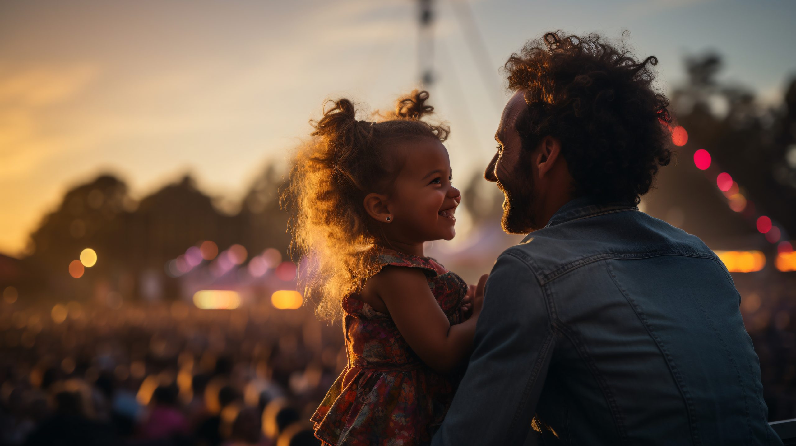 a man holding a child in front of a crowd