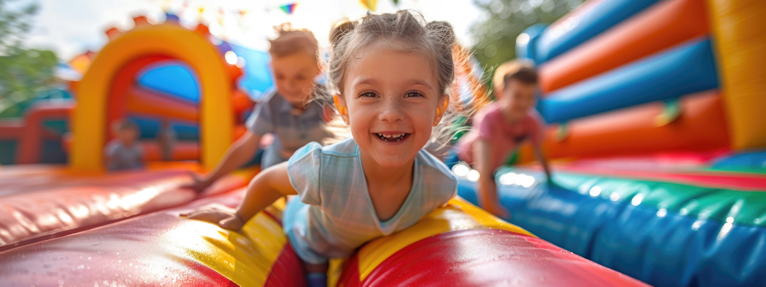 Youthful excitement - kids having fun on inflatable bounce house, highlighting school holiday entertainment, active lifestyle, sports, creating lively, engaging atmosphere for playful enjoyment